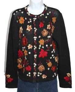 Vintage All Points Fall Autumn Leaves Green L/S Snap Up Cardigan Sweater M- #20 - Picture 1 of 12