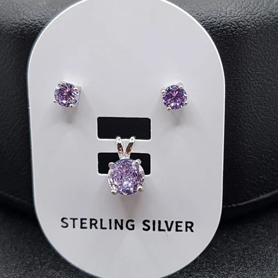 NUEVO Juego de colgantes y pendientes de plata de ley 925 - circonitas cúbicas de lavanda redondas Foto 1 de 4