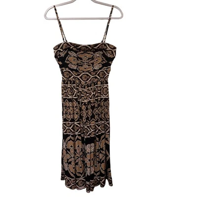 White House Black Market Black Tan Floral Smocked Strappy Midi Dress Size 6 - image 1 of 4