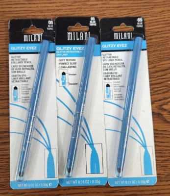 3 PCS NIP MILANI RETRACTABLE GLITTER EYELINER PENCIL #05 BLUE TOPAZ .01oz EA - Image 1 of 3