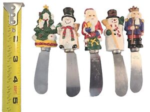 Set of 5 Christmas Cheese Jam Knives Christmas Tree, Snowman, Santa, Nutcracker