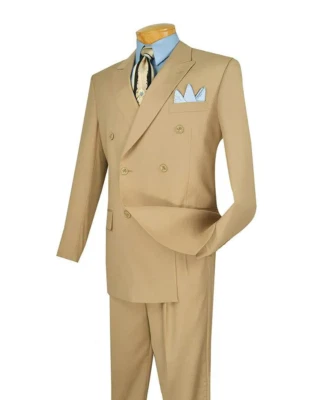 Traje de hombre beige color liso doble pecho clásico ajuste regular cintura elástica Foto 1 de 2