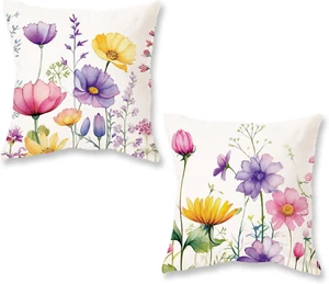Spring Summer Pillow Covers 18X18 Inch Set of 2 Floral Colorful Flowers Decorati - Picture 1 of 6