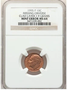 ER327 1995-P 10C Roosevelt Dime -- Missing Obverse Cald Layer. NGC MS64. (1,9g) - Bild 1 von 2
