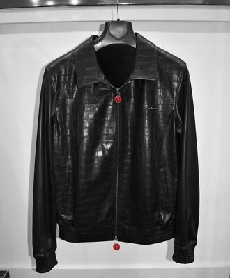 Kiton Embossed Genuine Leather Men's Black Luxury Bomber Jacket - Image 1 of 4