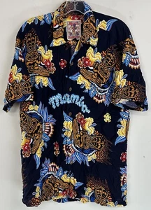 Vintage MAMBO LOUD 90's Navy Blue Floral Tiki Surfer Mens Australia Shirt Small - Picture 1 of 13
