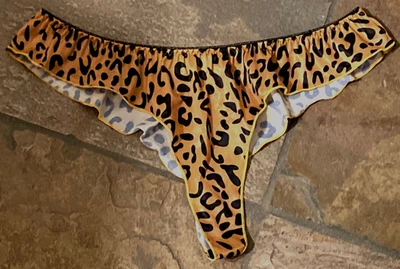 LEOPARD Print Large Ruffled Flutter Edge Shiny SATIN Tanga Panty NWOT #277 - Image 1 of 4