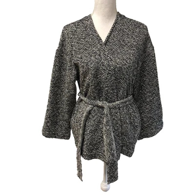 Cárdigan suéter jersey Eileen Fisher para mujer mediano negro blanco con cinturón Lagenlook Foto 1 de 4