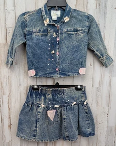 80’s Vintage Acid Wash Denim 2 Pc Skirt Jacket Set Girls Sz 6 Floral Trim Bling - Picture 1 of 19