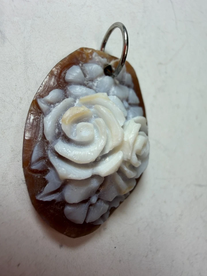 Vintage Pendant Cameo Carved Rose Brown Unmounted Flower Oval - Image 1 of 4