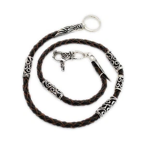 925 STERLING SILVER DRAGON CLASP & BROWN LEATHER BIKER WALLET CHAIN gs-wc005 - Picture 1 of 3