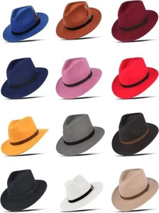 100 % Wollfilz Fedora Trilby handgefertigte breite Krempe Herren Damen Mütze mit Band - Bild 1 von 31