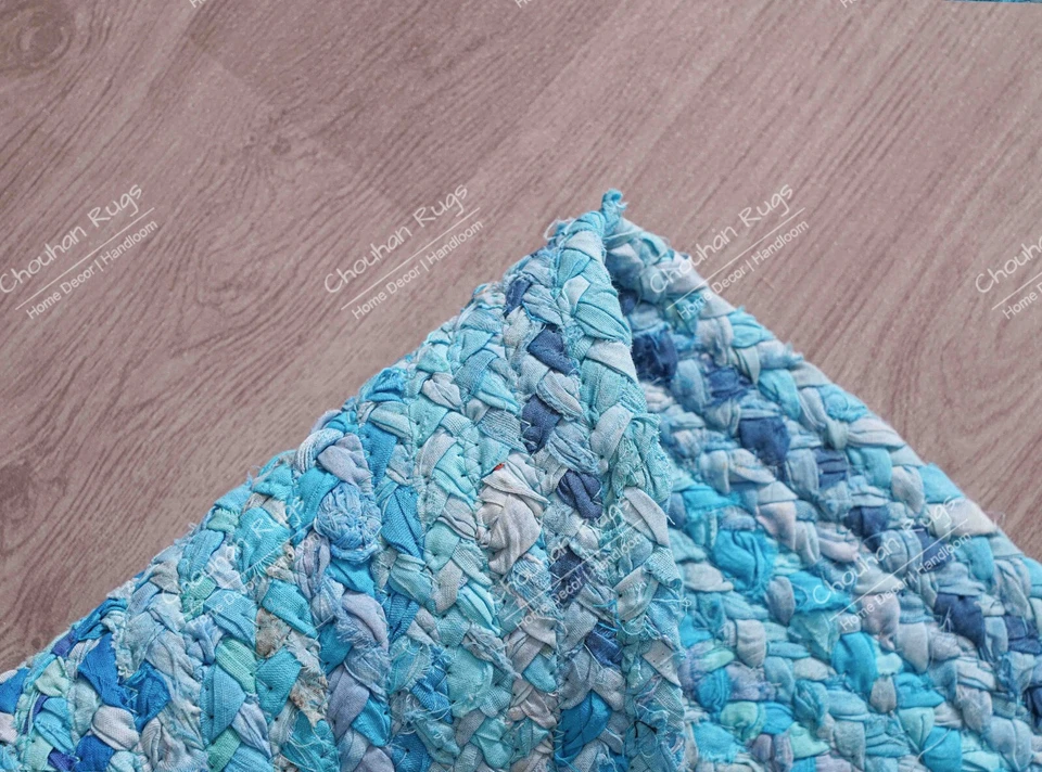 Custom Size Handwoven Round Turquoise Cotton Chindi Rug Vintage Home Decor Rug - Image 1 of 4