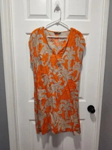 TOMMY BAHAMA Womens Size LARGE Coral and tan palms 100% Linen SS Dress V Notch - Picture 1 of 8