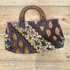 Handmade Indonesian Beaded Canvas Bag Small Purple Pink Wooden Handles Unique