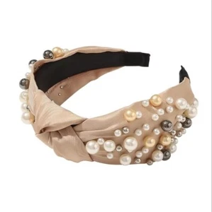 LUXURY HANDMADE PEARL KNOTTED TAN HEADBAND HAIR ACCESSORY, BRIDAL OR RACES - Picture 1 of 1