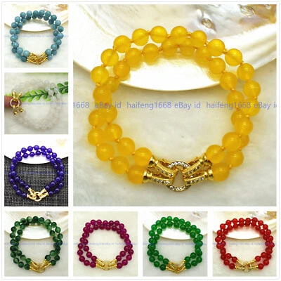 2 Reihen Natürlich Mehrfarbig Edelstein Rund Perlen Gold Verschluss Armband 19cm - Bild 1 von 4