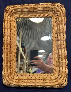 Vintage Laquered Wicker 16”x 12” Wall Mirror Boho Cottage Dual Hangers - Picture 1 of 17