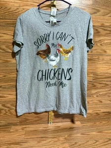Gildan T-Shirt Baumwolle grau Kurzarm Damen Gr. L Hühner Print Rundhals - Bild 1 von 4