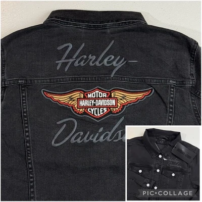 Harley-Davidson Women Size Large Faded Black Denim Biker / Trucker Jacket New L - Image 1 of 4