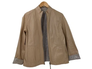 Chicos Reversible Leather Jacket Size 1 M Tan Silver Metallic Travel Full Zip - Picture 1 of 11