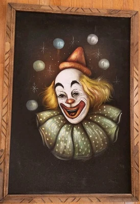 Vintage SIGNED Framed Velvet Painting Creepy Clown 39" x 27" 70s-80s Artwork - Image 1 of 4