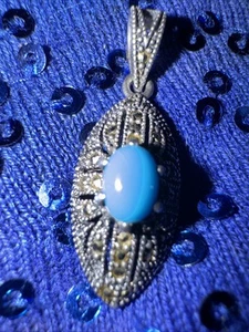 Pollack Sterling Silver  Turquoise Filigree Marqusite Pendant  Stunning Pendant - Picture 1 of 4