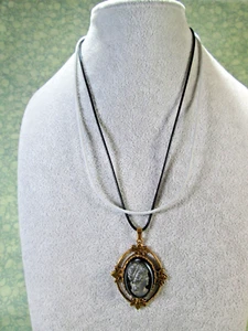 Hematite-Colored Glass Cameo Pendant w/ 2 Waxed Nylon Cords / Antiqued Gold /Q - Picture 1 of 11