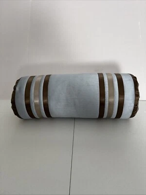BOLSTER PILLOW Blue/Brow 18" X 6' Watered Silk Look Button Ends - Image 1 of 4