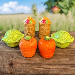 Vintage Vegetable Themed Salt & Pepper Shakers 3 Pr Carrot Cabbage Farm Basket - Picture 1 of 3