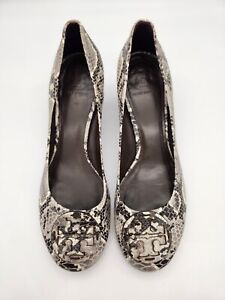 Tory Burch Gray Snakeskin Embossed Leather Round Toe Block Heels Pumps Size 11M