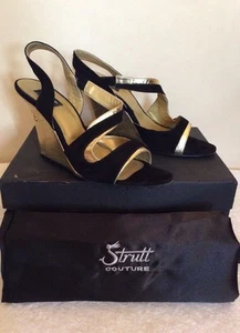 STRUTT COUTURE BLACK SUEDE & GOLD SLINGBACK WEDGE HEELS SIZE 6/39 COST £200 - Picture 1 of 8