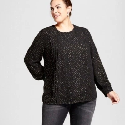 Top pintuck de manga larga multi plisado de lámina negra y dorada Ava & Viv para mujer 2X nuevo con etiquetas Foto 1 de 4