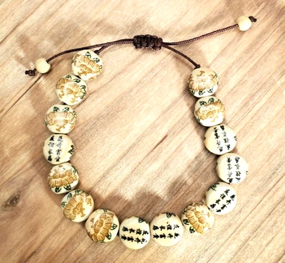 Pulsera de cuentas de cerámica ajustable vintage pintada con árboles y escritura asiática Foto 1 de 4