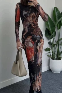 Rare Zara Botticelli Sandro Mesh Maxi Dress Artwork Long Sleeves Lined - Small - Picture 1 of 13