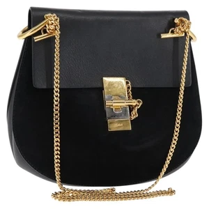 Chloe Chain Drew Shoulder Bag Leather Black Gold Auth am9382 - Foto 1 di 22