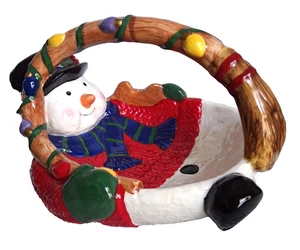 Snowman Basket Dish Ceramic Painted Snowman Christmas Decor - Picture 1 of 8