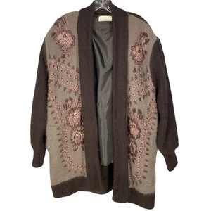 Waj Cardigan Womens M/L Gray Open Long Embroidered Beaded Floral Angora - Picture 1 of 18