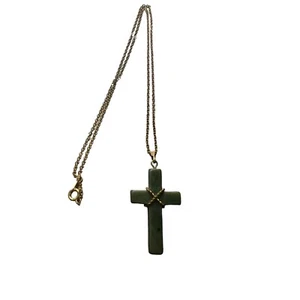Vintage Nephrite Cross Pendant Gold Tone Chain Spring Clasp 18" Jade - Picture 1 of 3