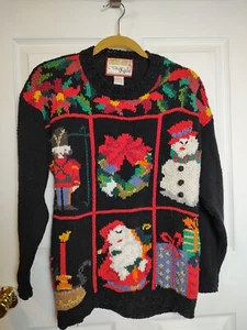 Vintage Crystal Kobe Sweater Women Medium Christmas Holiday Snowman Black - Picture 1 of 5