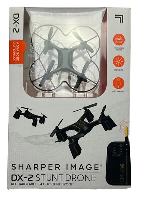 NEW IN BOX SHARPER IMAGE STUNT DRONE, RECHARGEABLE 2.4 GHZ, BLACK DX-2 DRONE - Image 1 of 4
