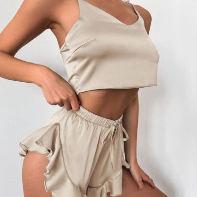 2 Pieces Set Pajama Ruffles Shorts Suit Homewear Women Nighty Sleepwear - Image 1 of 4