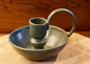 ARTS & CRAFTS Pottery Chamber Stick Flying Loop Handle Matte Green Signed - Picture 1 of 5