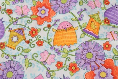 36"L x 44"W Blank Quilting Fabric Bright Birds Birdhouses Flowers Music Notes - Image 1 of 4