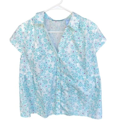 Vintage Maternity Top Women Large 12/14 Floral Button Up Blue White Short Sleeve - Image 1 of 4