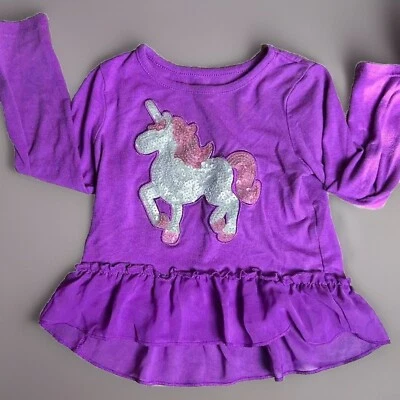 Garanimals Girls Top 2T Shirt Purple Unicorn Sequin Ruffle Toddler Long Sleeve - Image 1 of 4