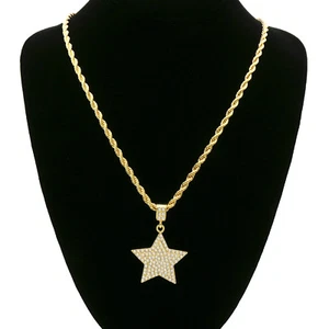 14k Gold Plated Star Pendant Iced Cubic Zirconia Hip Hop Pendant 24" Rope Chain - Picture 1 of 8