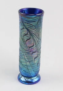 Lundberg Studios LJ50408 1979 Threaded Blue Iridescent cylinder Art Glass Vase - Picture 1 of 12