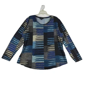 Tribal Blouse Women’s Sz XL Blue Colorful Jersey Top Long Sleeve Boho Casual - Picture 1 of 13