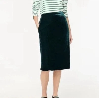 J Crew Velvet Midi Skirt Size 2X Dark Green Pull On Lined Pockets Holidays - Image 1 of 4